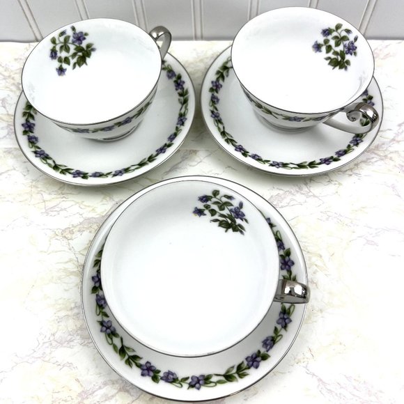 Vintage Jyoto Fine China Japan 3 Teacups & Saucers Glendale Violet - Picture 5 of 9